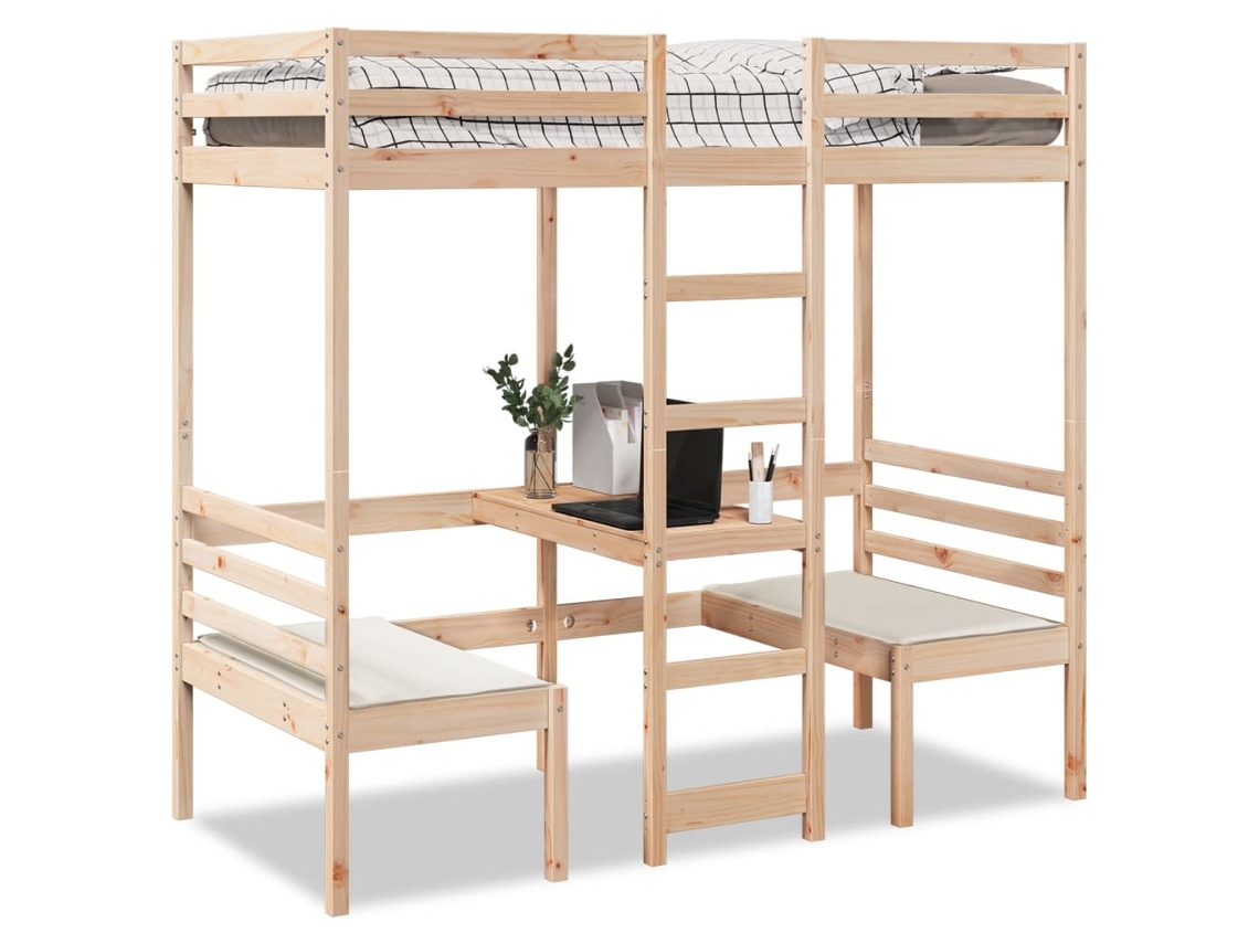 Cama Alta Com Secretária E Cadeiras 90x200 Cm Pinho Maciço