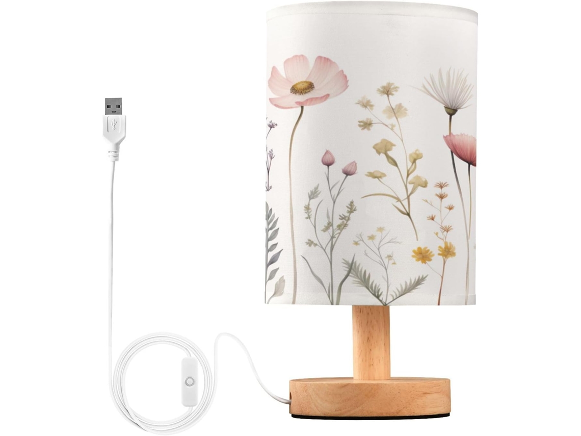 Luminária de cabeceira LED com portas USB, mesa de leitura para quarto, cúpula Tído e base Madeira, escrivaninha para quarto.