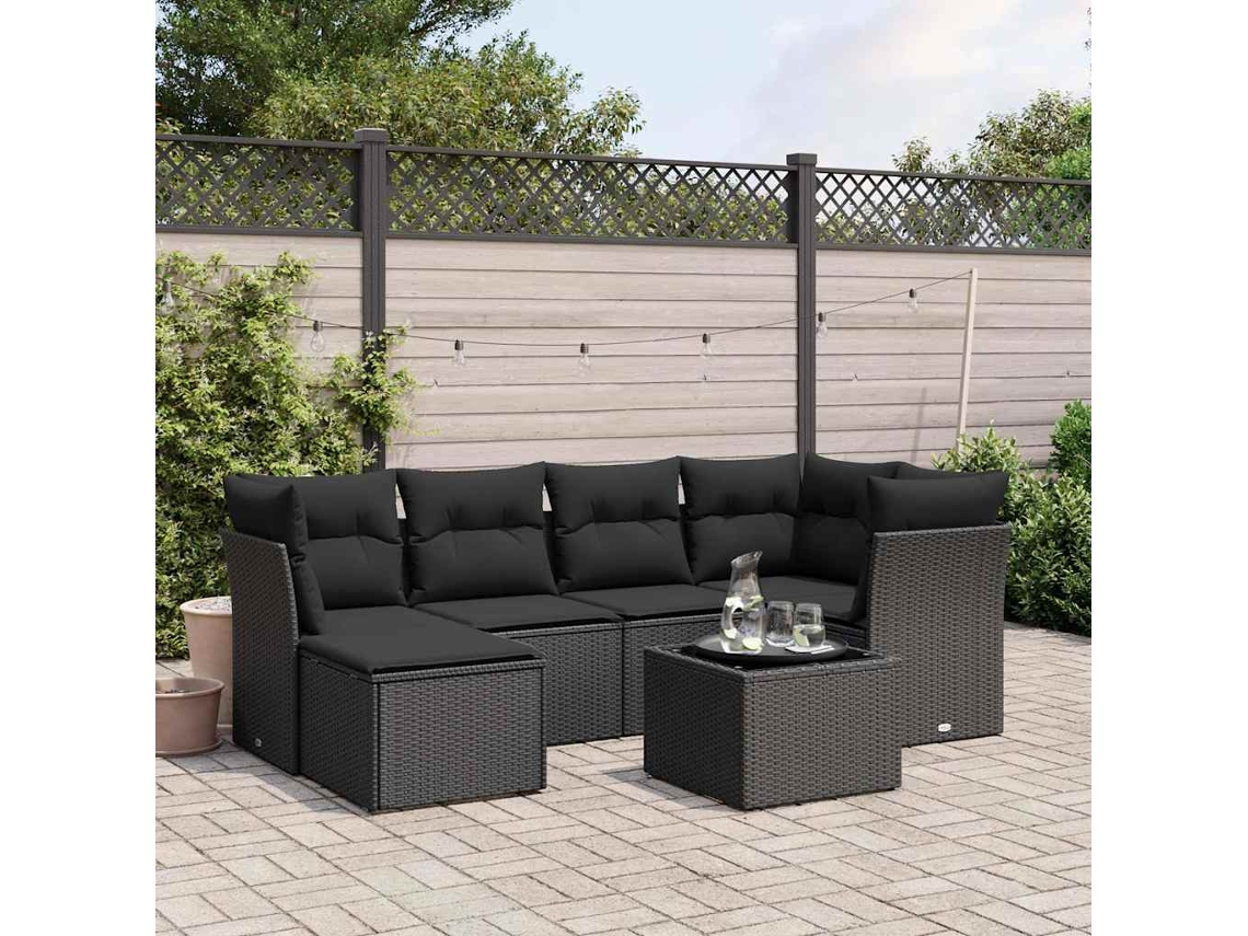 Vidaxl 7 Pcs Conjunto De Sofás P/ Jardim C/ Almofadões Vime Pe Preto