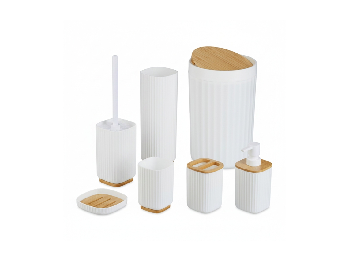 Conjunto Banheiro Relaxdays, 6 Peças, Acessórios Plástico E Bambu, Conjunto Completo, Branco/natural