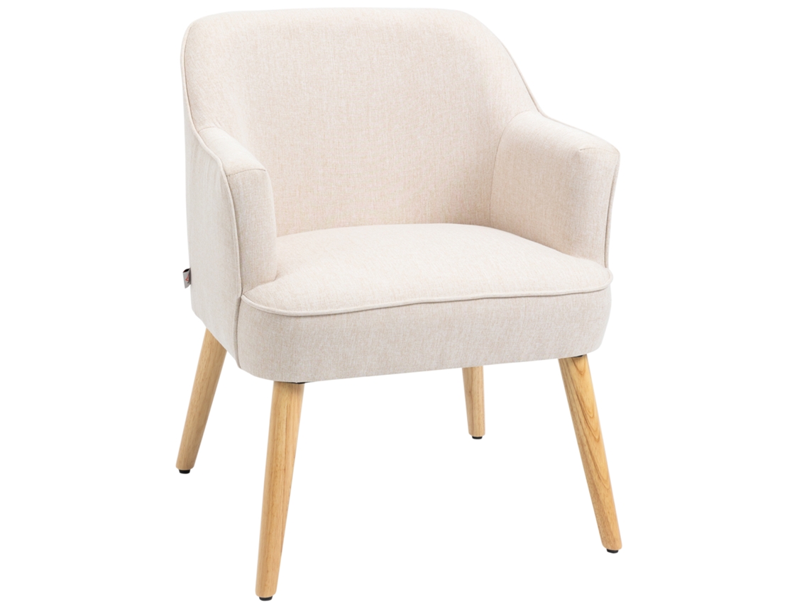 Poltrona Estilo Nórdico Estofada Em Linho Com Pés De Madeira Para Dormitório Escritório Estúdio 64,5x65x79,5 Cm Creme