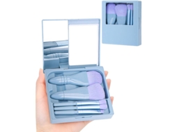 Conjunto de Pincéis de Maquiagem Mini com Estojo Duro e Espelho, 5 Peças (azul Céu)