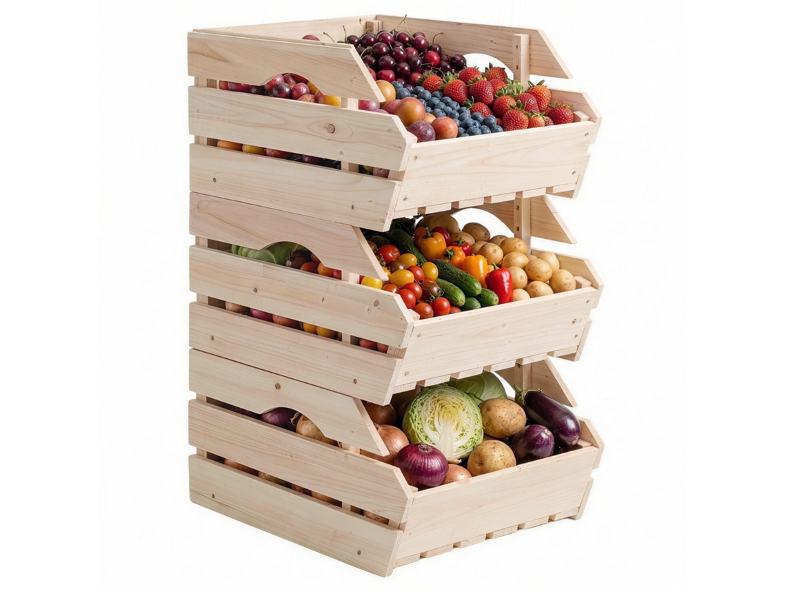 Suporte para Cesta de Frutas de Madeira de Abeto com 3 Camadas Removíveis. para Frutas e Vegetais. 27x37,5x60cm. Natural Ge