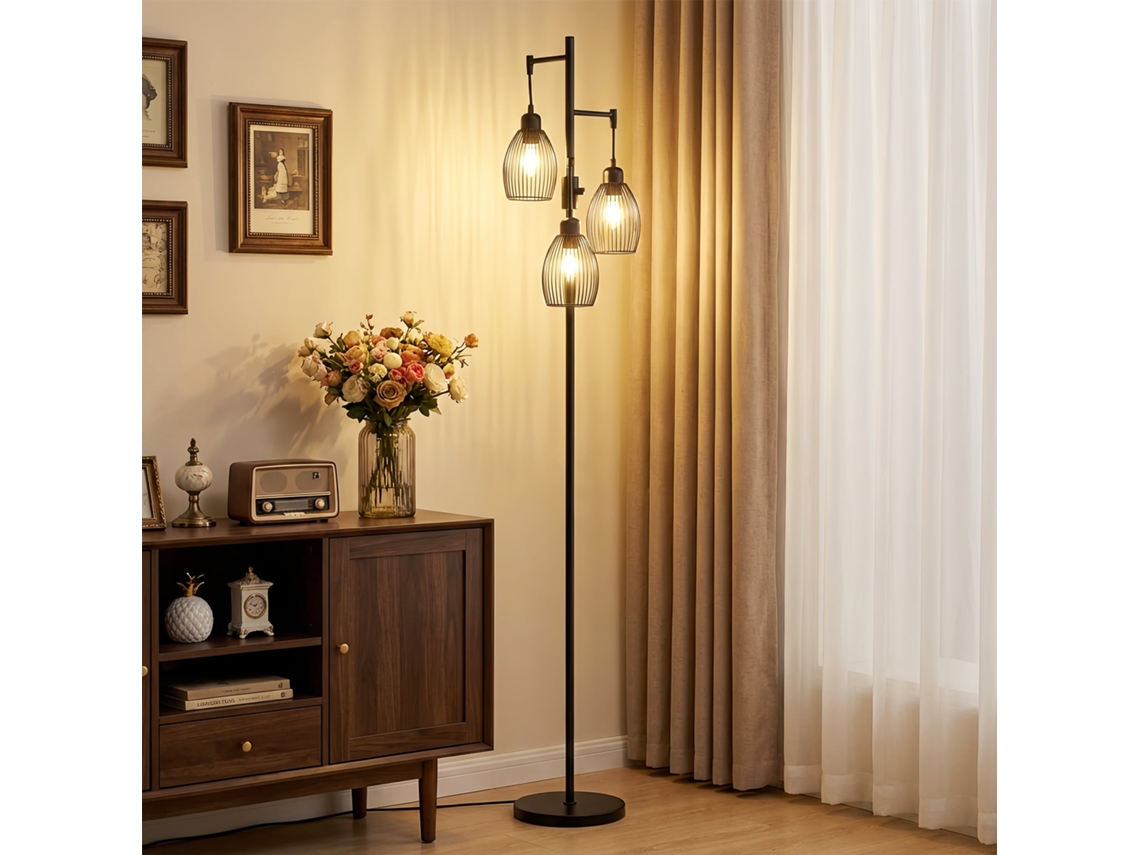 Luminária de Chão Industrial com 3 Abajures e Intensidade Ajustável,em Aço,30x30x170.5 Cm,preto BTFORUS