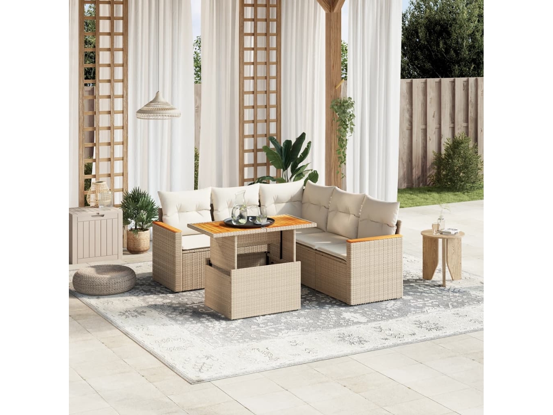 Vidaxl 6 Pcs Conjunto De Sofás P/ Jardim Com Almofadões Vime Pe Bege
