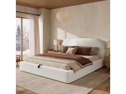 Cama De Casal Estofada 180x200 - Cama Funcional Com Baú E Cabeceira Acolchoada - Bege Bouclé