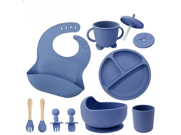 Conjunto de Utensílios de Silicone para Alimentação Infantil, com Ventosas na Base, 10 Peças Azul Escuro PANOONA
