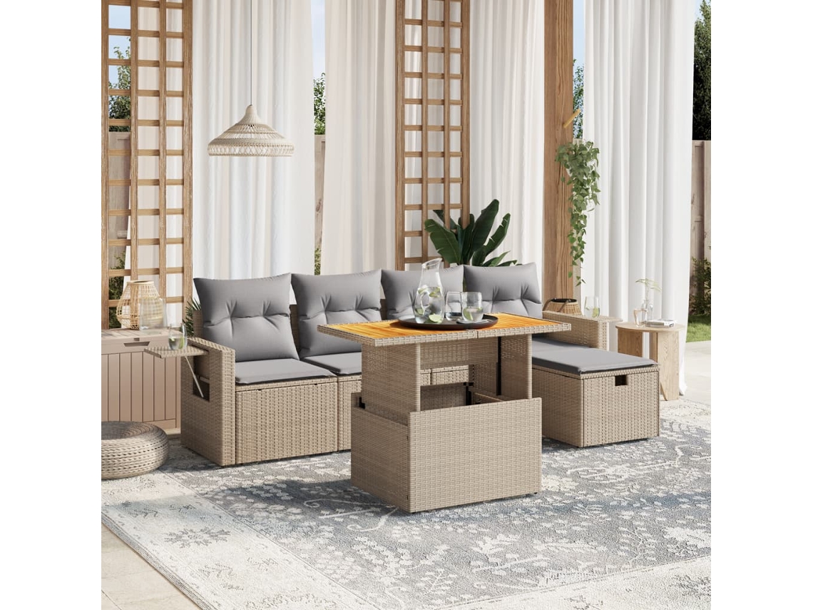 Vidaxl 6 Pcs Conjunto De Sofás P/ Jardim Com Almofadões Vime Pe Bege