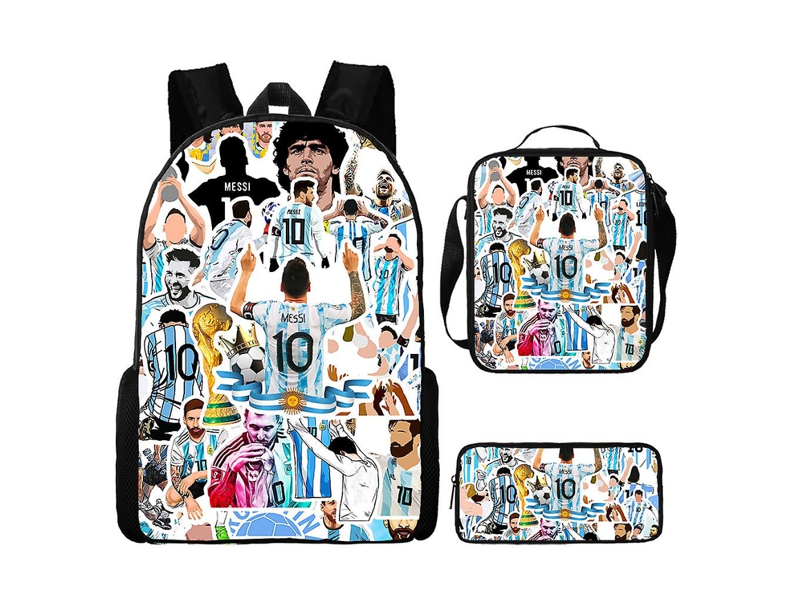 Mochila Estrela de Futebol Lionel Messi 3 Peças para Crianças Futebol Estrela Messi Estampa Mochila Futebol Estrela Messi Estampa Dg (3 Peças)