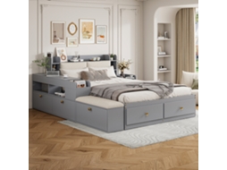 Cama Combinada Cinza 140x200cm Madeira, Cabeceira C/ Armazenamento, Gavetas, Criado-mudo, Banco. -op