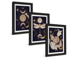 Quadros Decorativos Para Parede Motivos Da Natureza, Lua, Flores Moldura Preta Quadros Para O Escritório Espelharte (3 Peças 20x30 Cm)