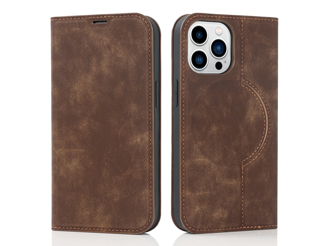 Capa Bloqueio Rfid Para Iphone 14 Pro Max Pele Sintética Magnética Castanho