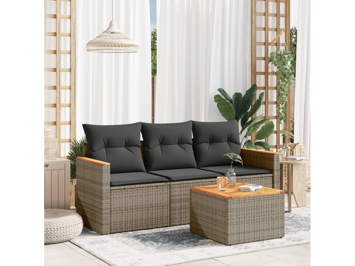 Vidaxl 4 Pcs Conjunto Sofás De Jardim C/ Almofadões Vime Pe Cinzento