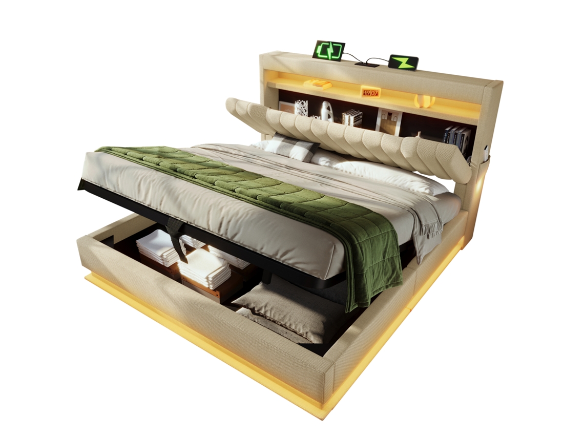 Cama de Casal Estofada PAPRIKA 140x200cm com Cabeceira Iluminada, arrumação Usb, hidráulica, em Linho Bege, sem Colchão