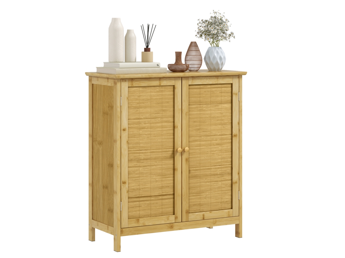 Aparador Boho em Vime e Bambu com 2 Portas e Prateleira Interna 60x27x67,5cm