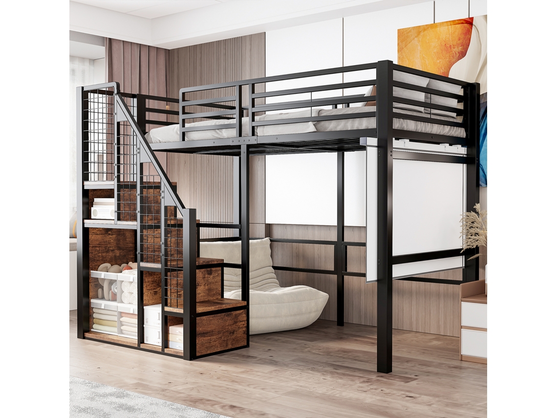 Cama Alta 90x200 Ferro Guarda-ssegurança Prateleira Preto Criança/jovem