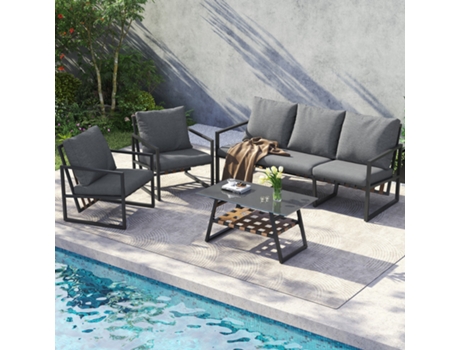 Conjunto de Lounge de Jardim para 5 Pessoas Mesa 2 Poltronas Sofá Poliester L118 X P75xh21cm Cinza KASHEMANO