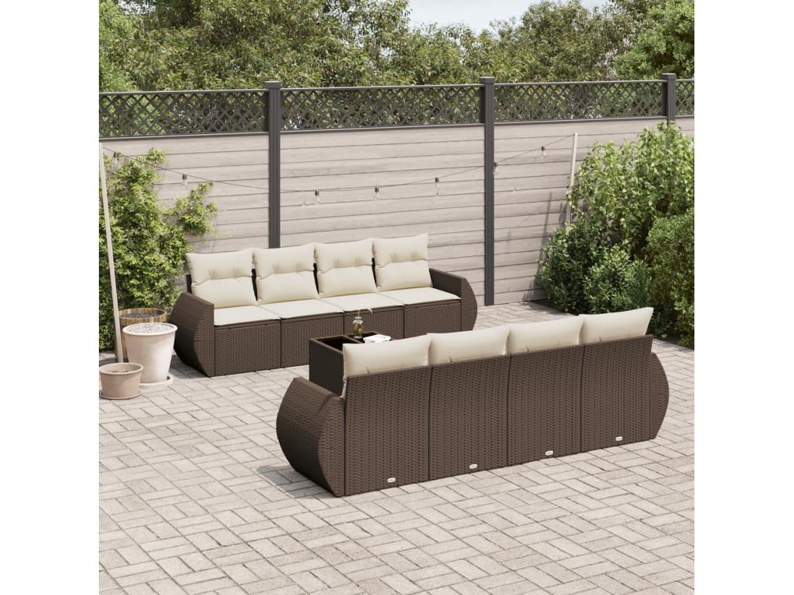 Vidaxl 9 Pcs Conjunto Sofás P/ Jardim C/ Almofadões Vime Pe Castanho
