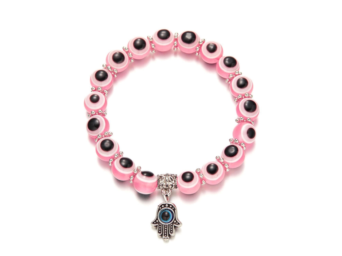 Pulseira Olho Grego, Pulseira com Pingente Mão de Hamsa Rosa SIURN