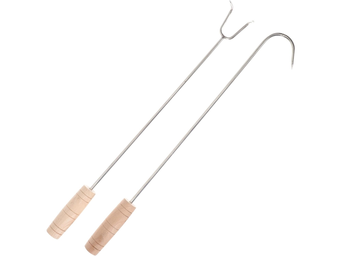 2 Ganchos para Grelhar em Aço Inoxidável e Madeira com Cabos Ergonômicos para Grelhar e Organizar Carnes em Festas e CHABERLU