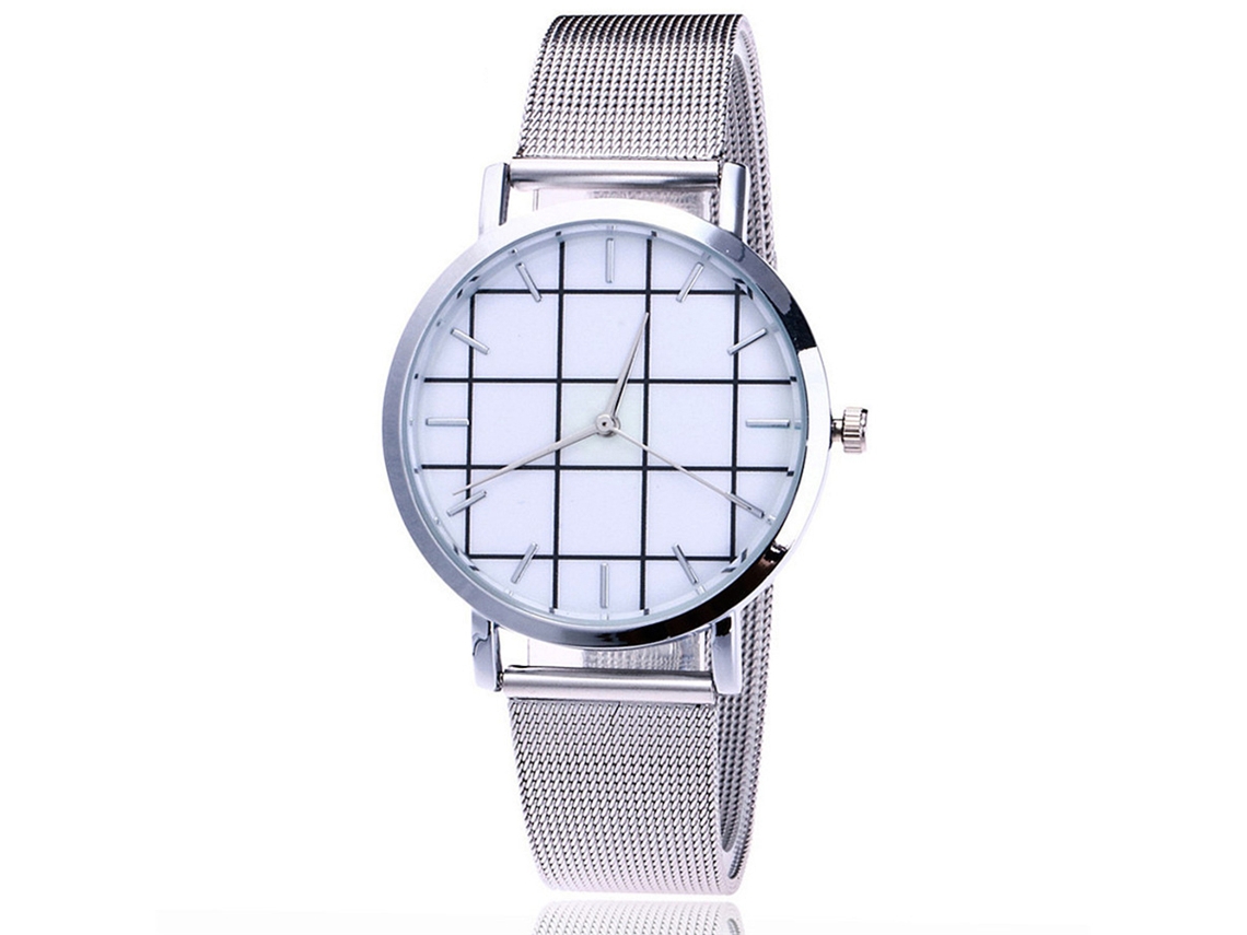 Relógio de Pulso Unisex com Pulseira de Malha e Mostrador Geométrico Prata