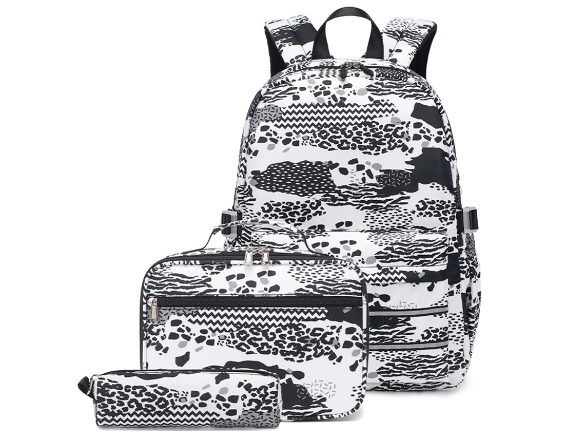 Conjunto De Três Peças De Mochila Escolar Estampada Preta