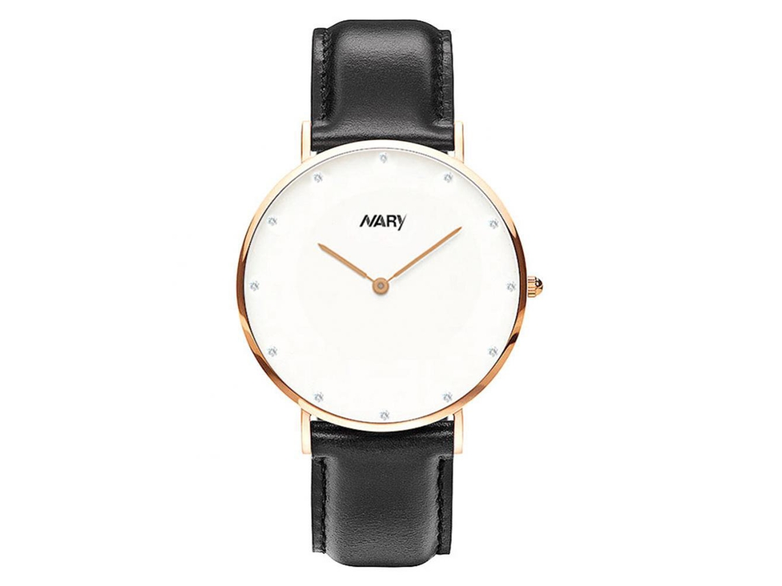 Relógio Nary Couple, Pulseira de Couro PU, Quartzo, Caixa em Ouro Rosa, Pulseira Preta, Masculino