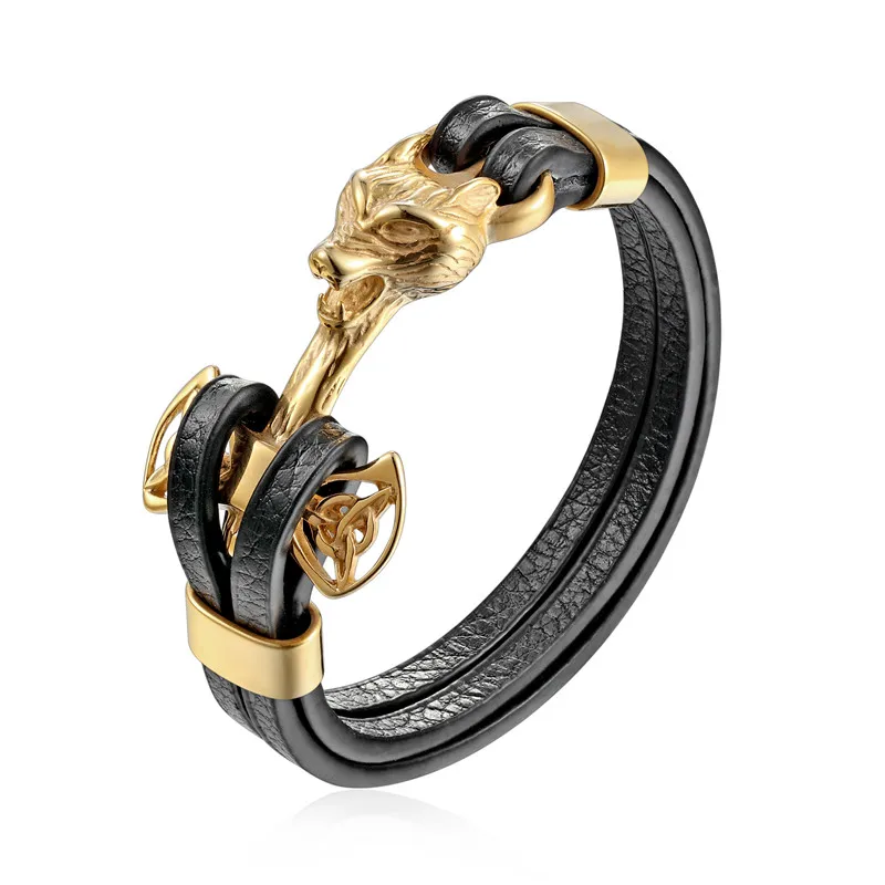 Pulseira Masculina Em Couro Genuíno Com Pingente De Âncora E Fecho Em Aço Inoxidável.