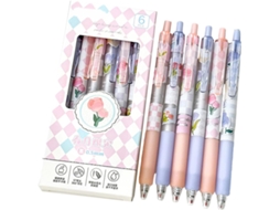 Conjunto De 6 Canetas Gel Retráteis Com Estampa Floral, Tinta Preta