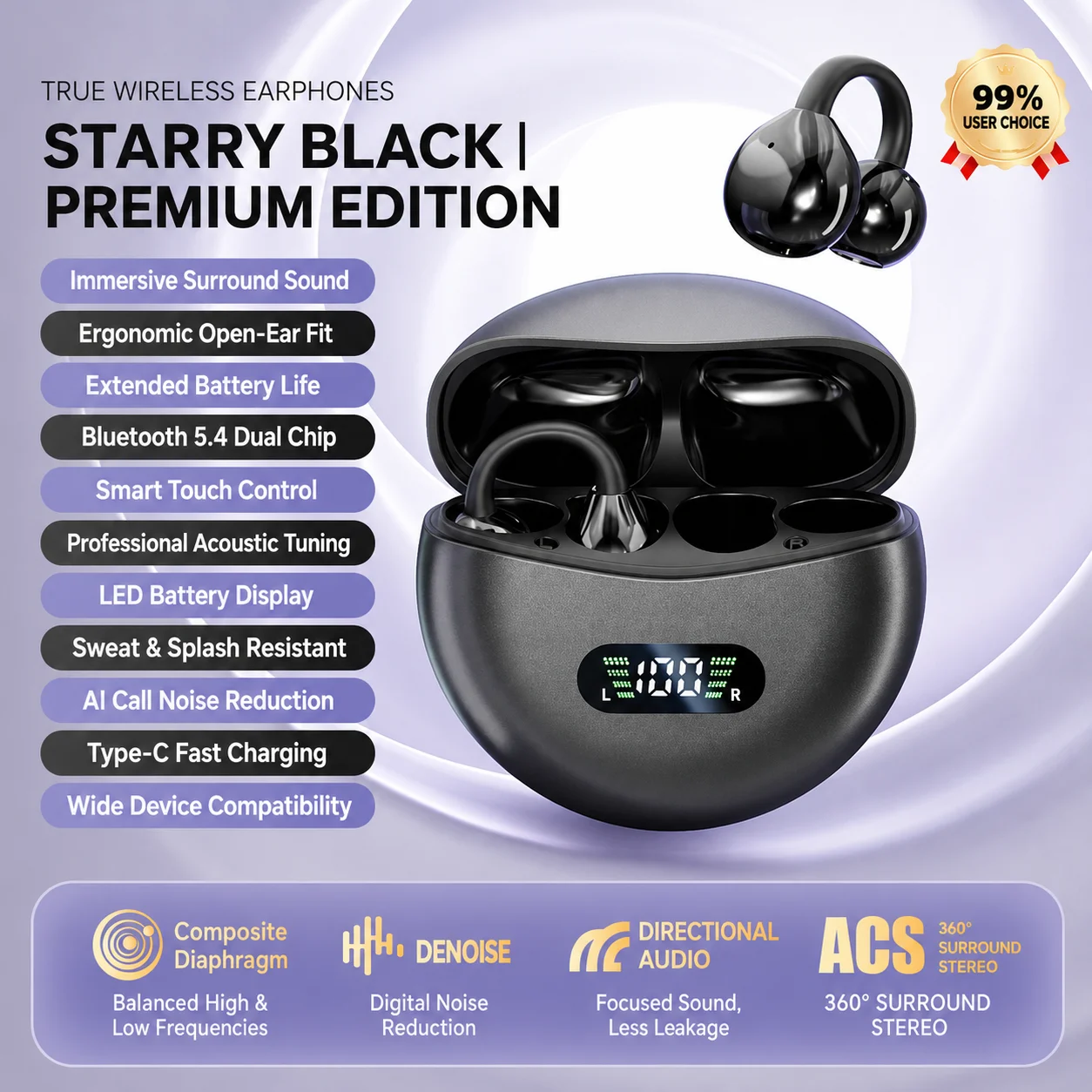(preto) Fones De Ouvido Com Clipe Para Tradução Por Ia, Fones De Ouvido Bluetooth 5.4 De Design Aberto