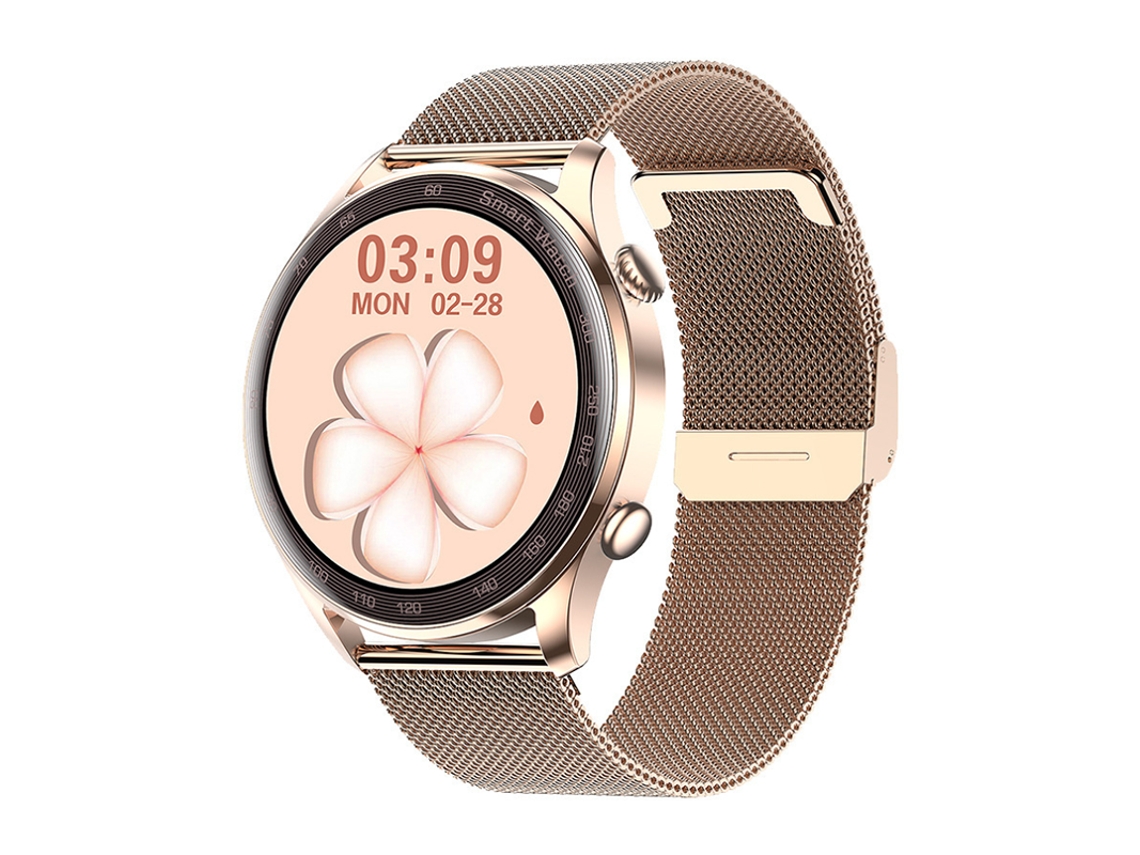 Smartwatch com monitor de frequência cardíaca, pressão arterial, passos, chamadas e notificações Bluetooth, rosa.