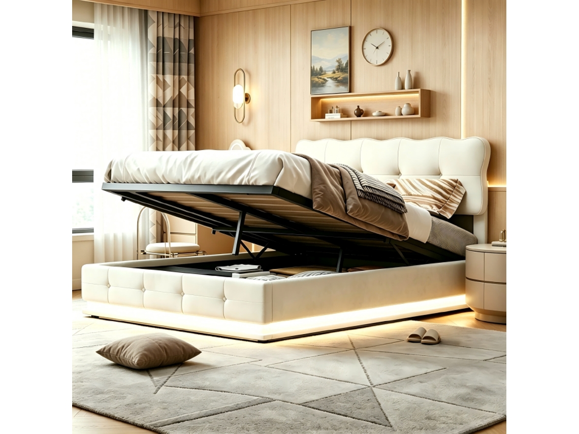 Cama de Casal Estofada 140x190 Cm, Arrumação Hidráulica, Led, Veludo Bege SIMURQ