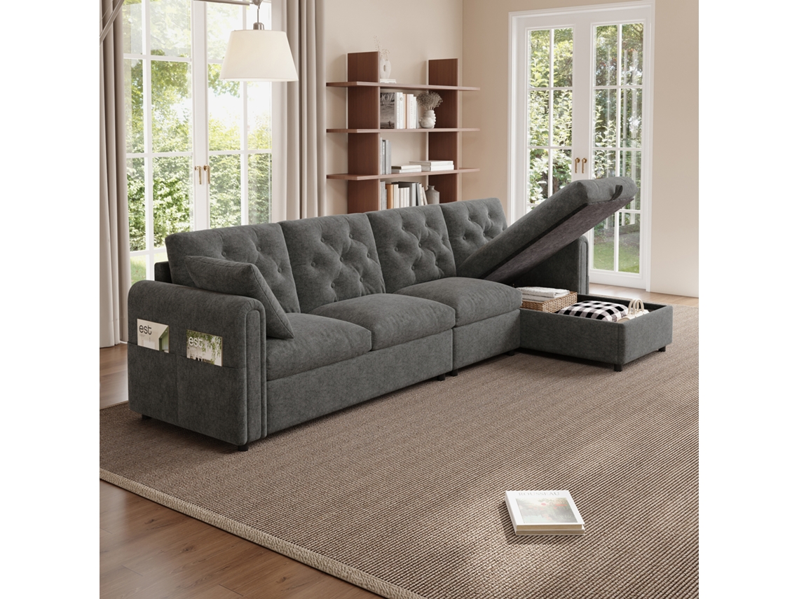 Sofá Moderno De Veludo 281x86x71 Cm - Com Arrumação, Braço Com Bolsos, Encosto Com Botões - Cinza