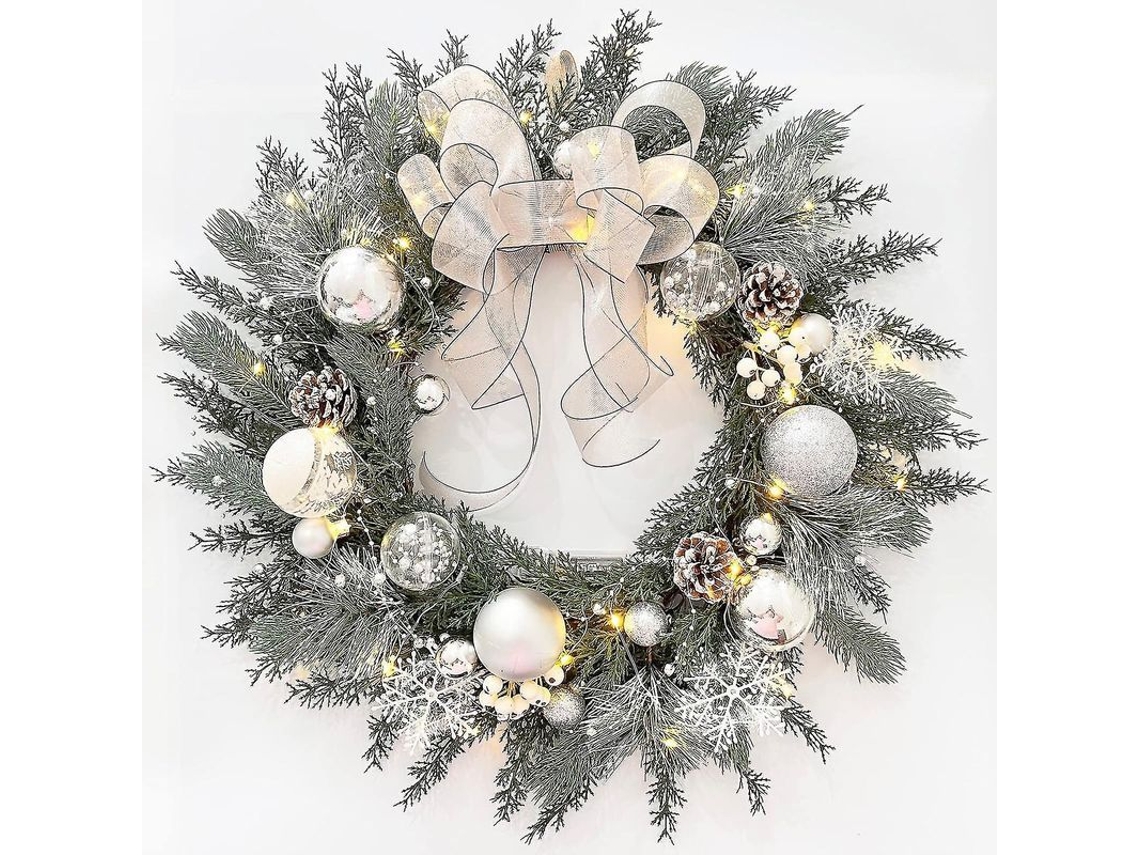 Guirnalda De Natal Iluminada De 20 Polegadas Com Laço Branco, Adornos Redondos, Feita À Mão Com Pinheiro Artificial E Frutas Vermelhas Blanco