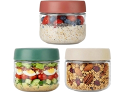 Conjunto 3 Frascos De Vidro Para Overnight Oats - Recipientes Com Tampa - Potes De Armazenamento - 283 G - Para Saladas E Snacks - Multicolor