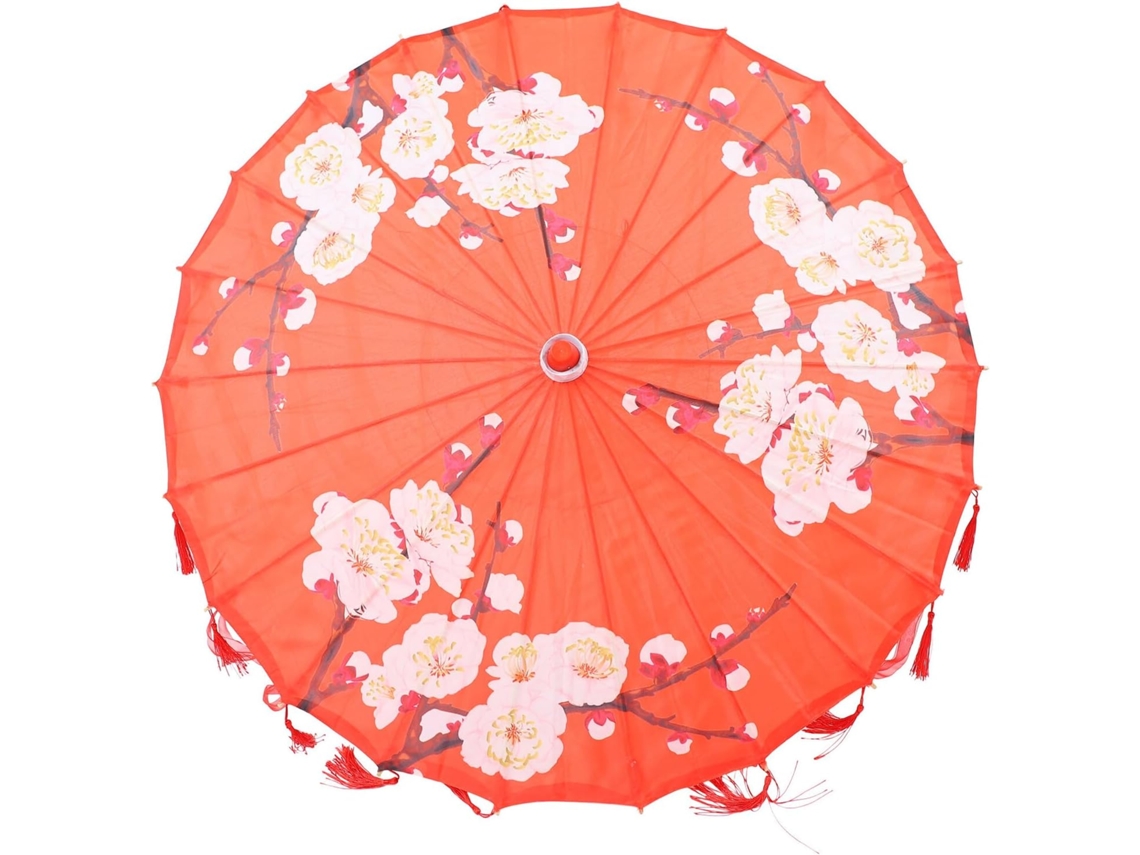 Guarda chuva Japonês de Seda Vermelha com Estampa de Penas, 82 Cm de Diâmetro, Acessório. SFUSHOS