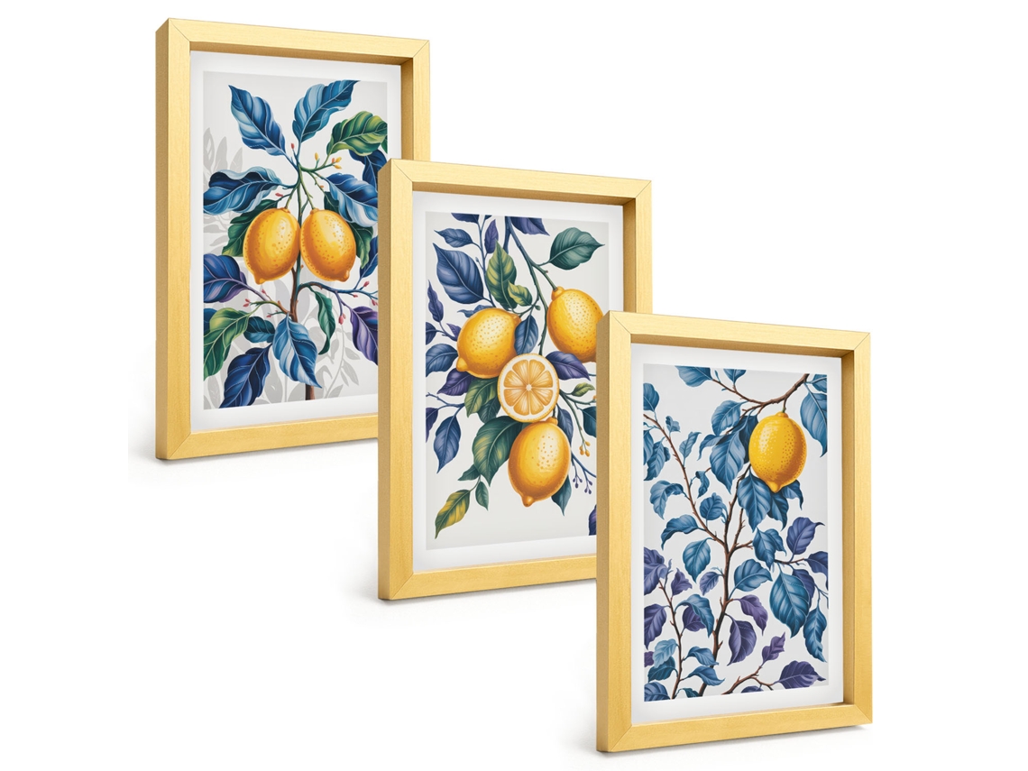 Composição De Quadros Limões, Galhos, Folhas Azuis Espelharte (3 Peças 20x30 Cm)