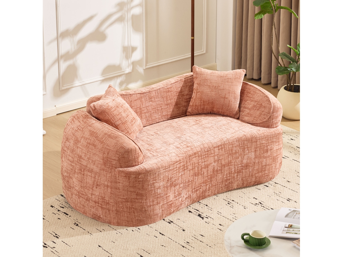Sofá Curvo Rosa De Dois Lugares Com Braços, Sofá Compacto Com 2 Almofadas, Tom Creme Para Espaços Pequenos, Sala Ou Quarto, Sem Montagem.