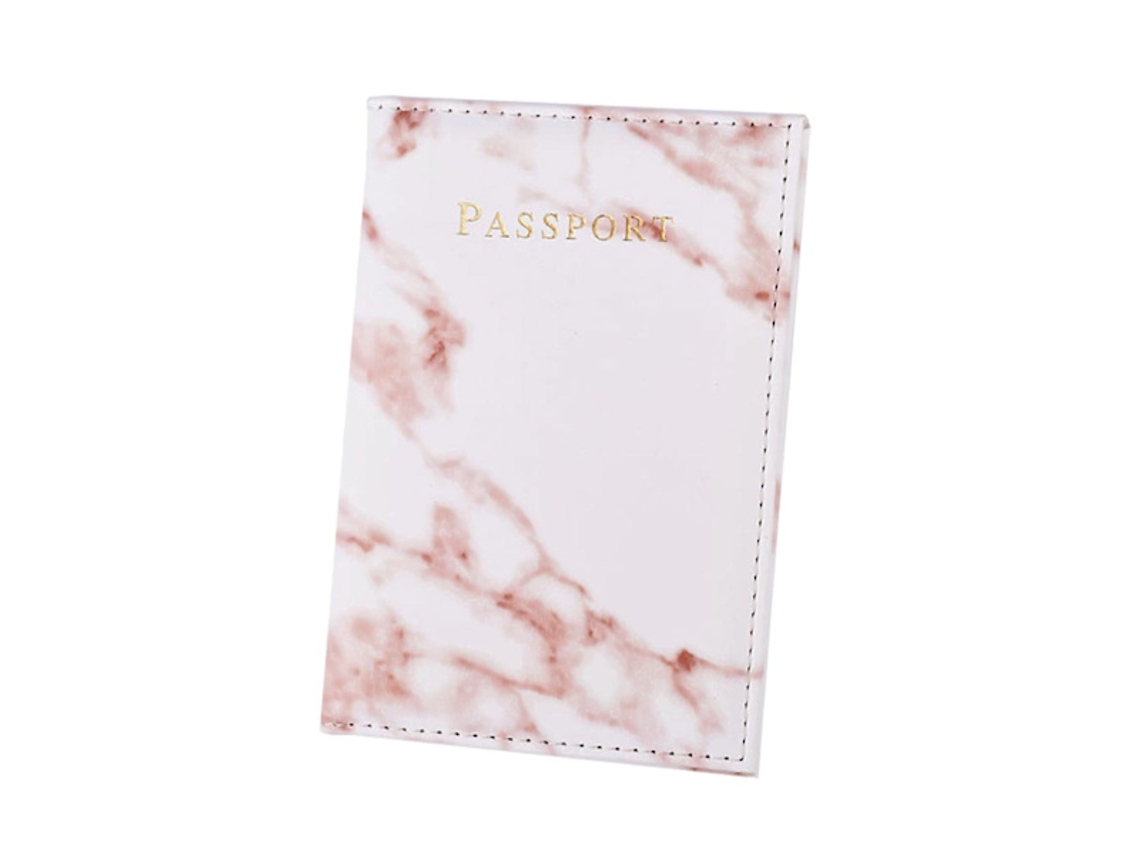 Porta-passaporte Em Couro Rosa Marmorizado Com Detalhes Dourado E Branco