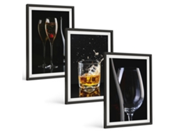 Quadros Decorativos Para Parede Taças De Uísque Em Fundo Preto Moldura Preta Quadros Para A Sala De Estar Espelharte (3 Piezas De 40x60 Cm)