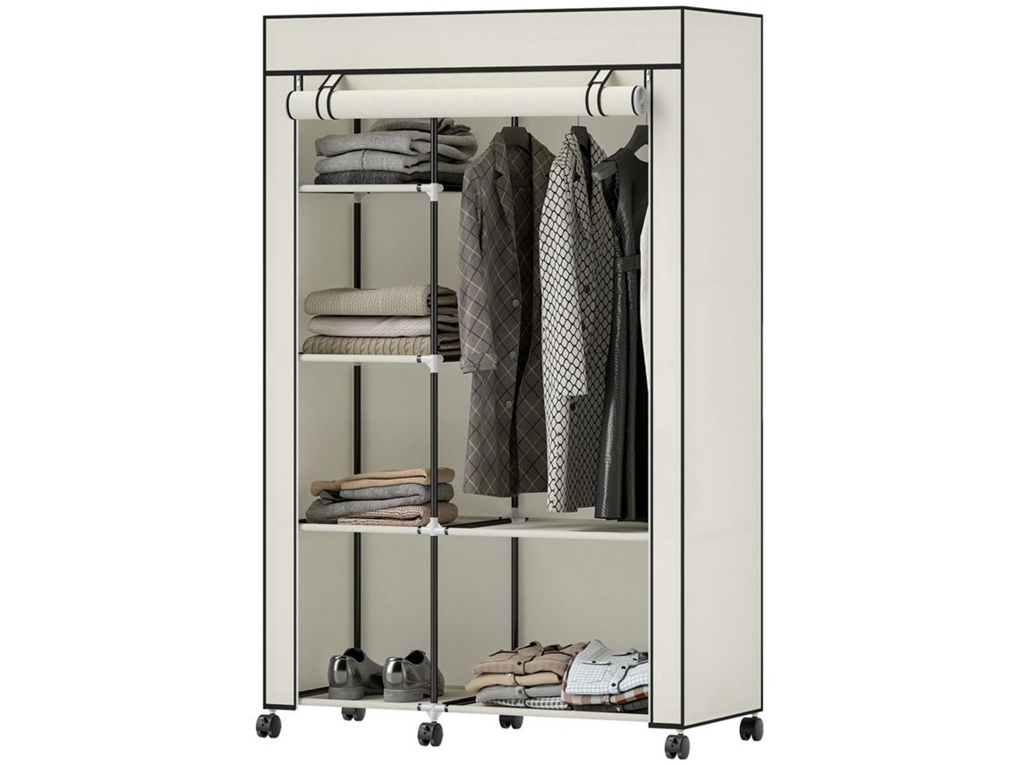 Roupeiro De Tecido Dobrável Com 6 Prateleiras 1 Barra De Pendurar E Rodas Para Dormitório Vestidor 103x43x162,5 Cm Creme