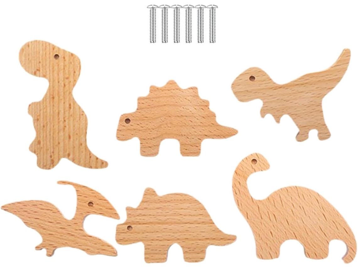 Puxadores De Madeira Em Formato Animais Para Gavetas, Puxadores Decorativos De Dinossauros Para Cômoda 6 Peças, 6 Peças