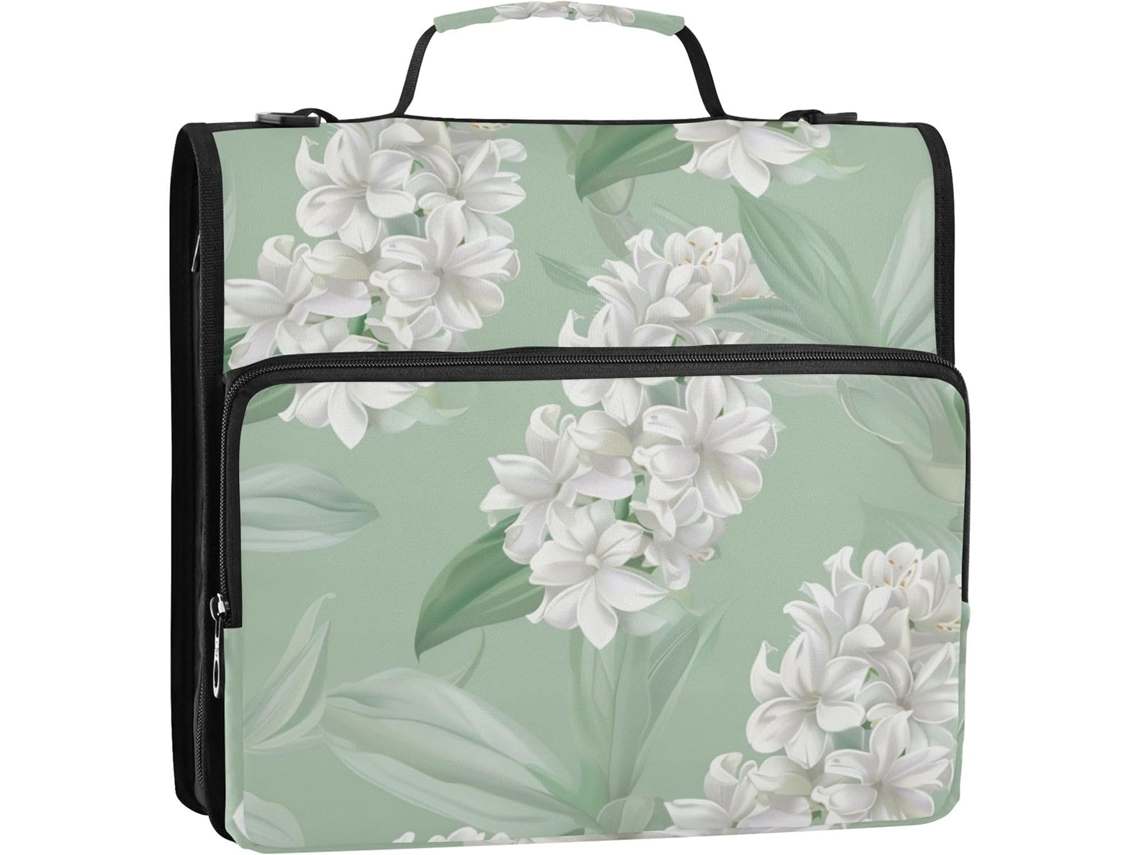 Organizador de Fichário com Estampa Flor Jacinto, Estilo Suave e Fresco, nas Cores Branco Verde Claro, 3 Argol