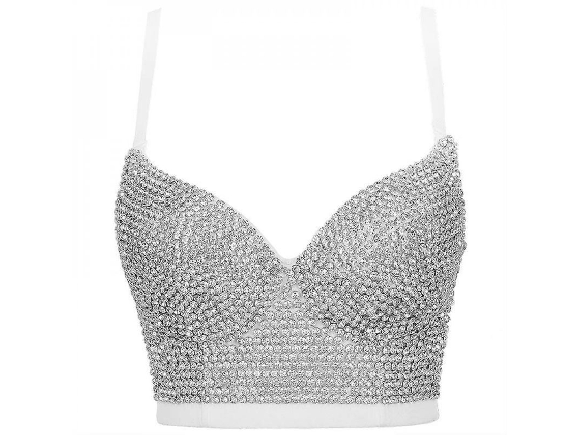 2026-top Crop Corset Sexy Para Mujer Com Renda E Pedras Strass, Suporte Push Up E Fecho De Ganchos 40°c Plata