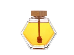 Pote de mel de vidro grosso e transparente 2026 com tampa de madeira e colher, 220ml