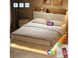 Cama De Casal 140x190 Cm, Cama Estofada, Usb Tipo C, Cabeceira Com Espaço De Arrumação, App-control Led, Tecido De Couro Pu - Branco