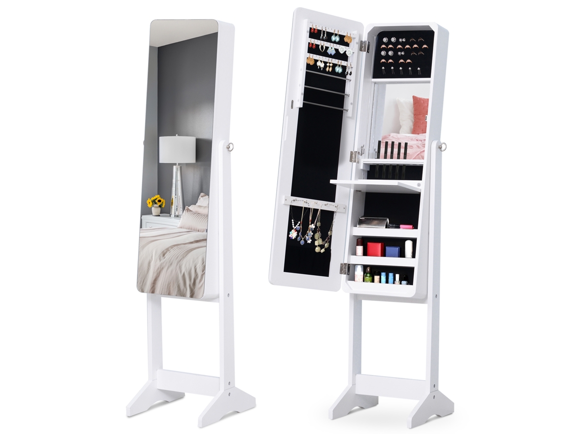 Armário Para Joias Com Espelho Ajustável E Iluminação Led, Madeira, Branco, 30x146x36 Cm