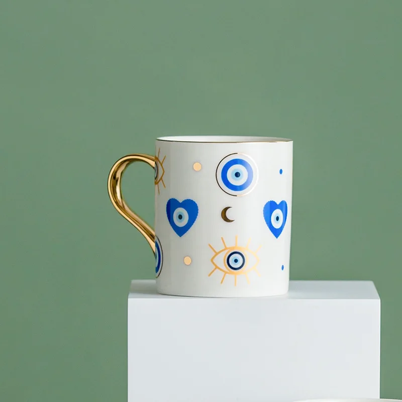 Caneca de Café de Cerâmica com Olho Grego Nórdico , Caneca de Luxo para Escritório com Borda Dourada. MDUG (estilo A, 300 Ml)