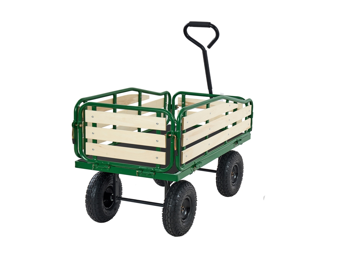 Carrinho De Praia Com Rodas 102 X 53 52 Cm, Carga 150 Kg, Aço Carbono E Madeira, Resistente Ao Clima, Oxidação Água, Todo Terreno Verde Amarelo Alça