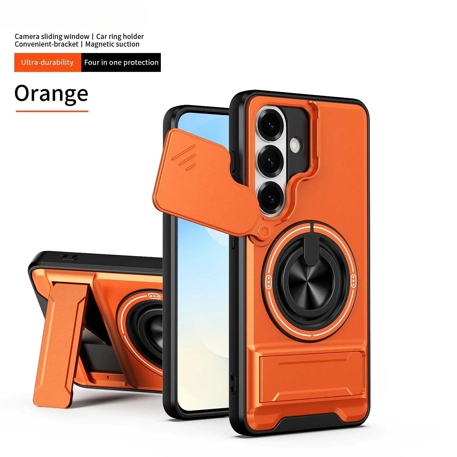 Capa Para Celular Com Suporte Magnético Giratório 360° E Anel Deslizante Para Lente (orange Galaxy S25)